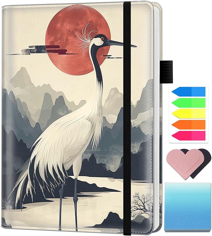 A5 Leather Lined Journal Notebook, 200 Pages Hardcover Executive Notebook for Men Women Office School Note Taking, Thick Writing Paper Daily Journal with Bookmarks/Indexes,Watercolor Crane