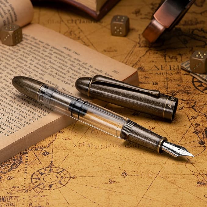 Asvine P30 Piston Fountain Pen Extra Fine, Retro Brass Style, Transparent Acrylic Large Ink Capacity Writing Gift Box