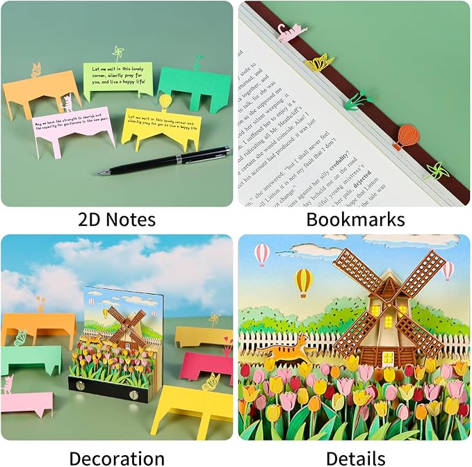 3D Memo Pad, Windmill 3D Notepad Paper Carving Non-Stick Sticky Notes Cute Silhouette, 3D Art Memo Pad Paper Art with Lights DIY Desk Decoration Gift