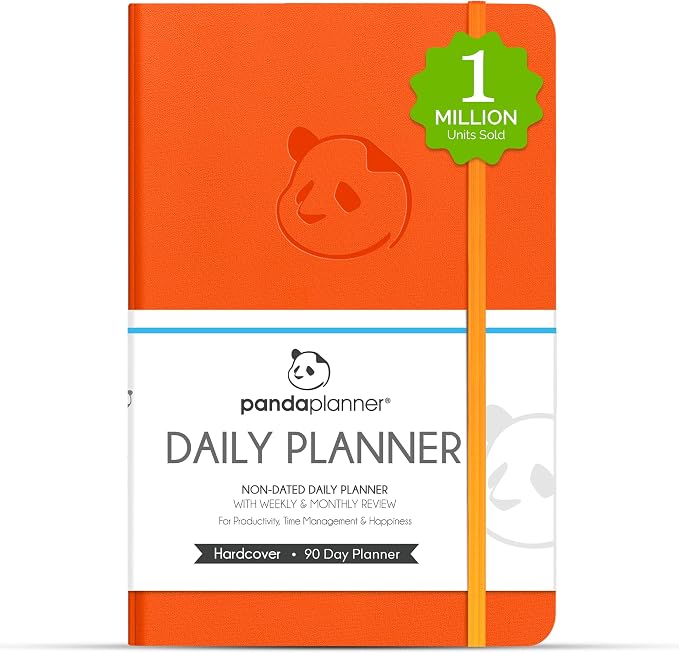 Panda Planner Classic A5 Undated Daily Planner 2026-2027, 8.25x5.75 Orange | Hourly schedule, to do list, habit tracker, gratitude journal, quarterly layout, 100 GSM paper