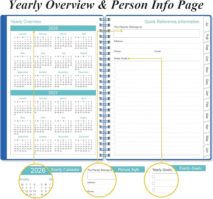 2026-2027 Planner - Planner 2026-2027 from July 2026 - June 2027, Weekly & Monthly Planner Spiral Bound with 12 Monthly Tabs, Inner Pocket, 6.4" x 8.5", Blue