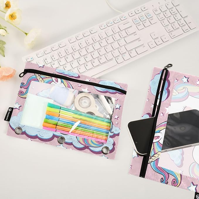 Cute Horse Pencil Pouch Fits Standard 3-Ring Binders, Zipper Binder Pencil Bag with Clear Window for Class Office 2 Pack