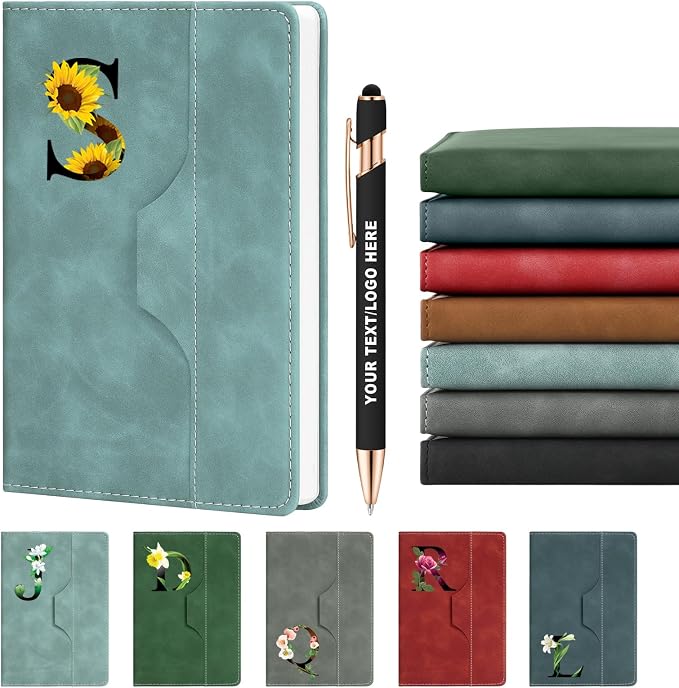 ENOMY Personalized Notebook Journal & 10 PC Pens Set Custom Notebook with Pen 240 Pages A5 Hardcover Journal for Men Women Leather Notebook for Work College Graduation Gifts, LightBlue