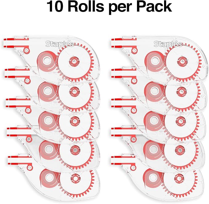 STAPLES Correction Tape, Easy Sidewinder Applicator for Instant Corrections, 10-Pack, White