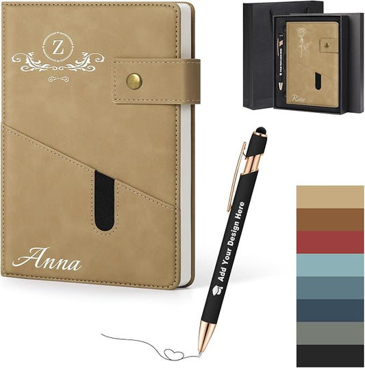 ENOMY Personalized A5 Journal Gift Set with Custom Pen PU Leather Notebook Box, Khaki