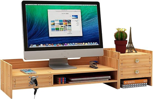 Wood Monitor Stand Riser Computer Laptop Desktop Organizer W/ Drawers + Lock Tray DIY, Desk Drawer Organizers Wood Desk Paper Organizer for Home Office