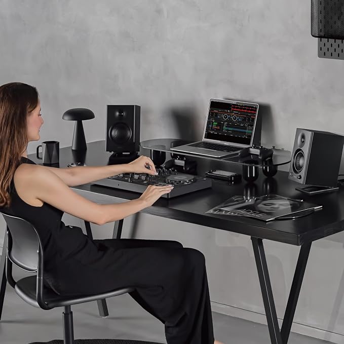 Fenge Computer Monitor Stand with Solid Beech Wood Legs, 34 Inch | Black Tinted Tempered Glass Panel, 5-Min Tool-Free Assembly, Oval Monitor Riser for Art Spaces, Studios, Home Office