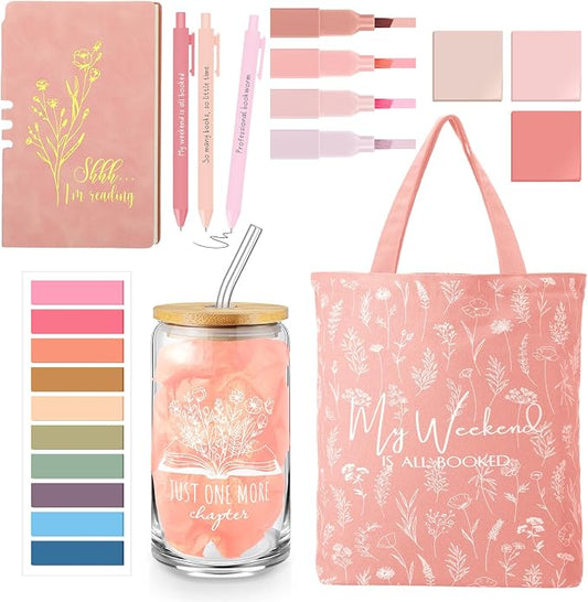 Havawish 14 Pcs Book Lovers Gift for Women 16 oz Glass Cup Tote Bag A6 Journal Notebook Pens Highlighters Sticky Notes Back to School Teacher Librarian Bookish Book Club(Pink,Aesthetic)