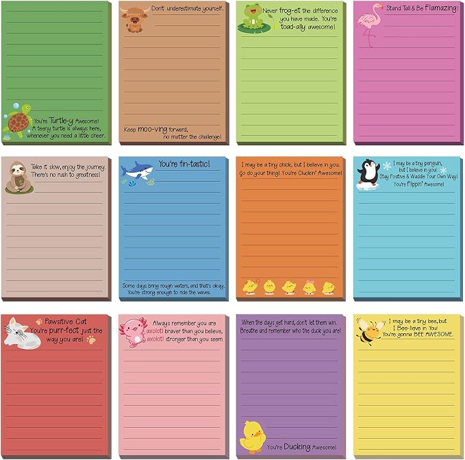 AmazingSpark 12 Pcs Cute Inspirational Sticky Notes, 4 * 3 Motivational Notepads Positive Emotional Support Gift Funny Lined Memo Note Pads for Office Desk Supplies Coworker Employee(Animals)