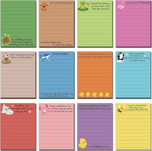 AmazingSpark 12 Pcs Cute Inspirational Sticky Notes, 4 * 3 Motivational Notepads Positive Emotional Support Gift Funny Lined Memo Note Pads for Office Desk Supplies Coworker Employee(Animals)