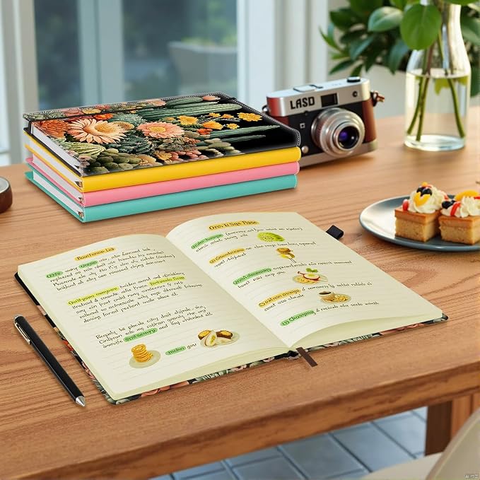 Hardcover Executive Notebooks, A5 PU Leather Lined Journal Notebook, 200 Pages Thick Paper Subject Notebooks for School,Work,Home Writing Business Notebook, Diary Book ，Green Plant Cactus