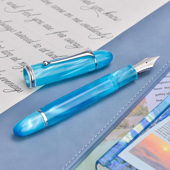 Asvine V800 Fountain Pen – Vacuum Filling System with Large Ink Capacity – Smooth Number 8 Fine Nib with Gift Case and Wrench- Sky Blue Acrylic