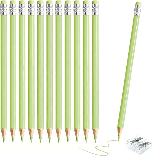 24PCS Macaron Green Colored Pencils with Eraser Pre Sharpened Pencil 2 HB - Ideal for Checking, Grading, Tests & Office/School Supplies