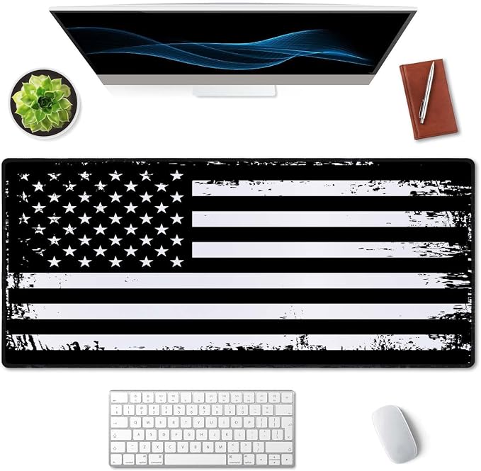 SSOIU Desk Mat, Extended Gaming Mouse Pad (35.5x15.7 in), Large Non-Slip Rubber Base Mousepad with Stitched Edges, Waterproof Keyboard Mouse Mat Desk Pad - Grunge American Flag USA Flag Black White