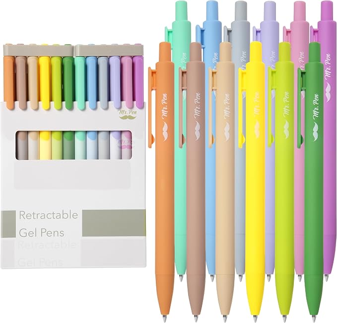 Mr. Pen- Retractable Gel Pens, 12 Pack, Vintage Ink, Fine Point 0.7mm | Fast Dry, Smooth Writing, Cute Pens for Drawing, Writing Planner and School Supplies