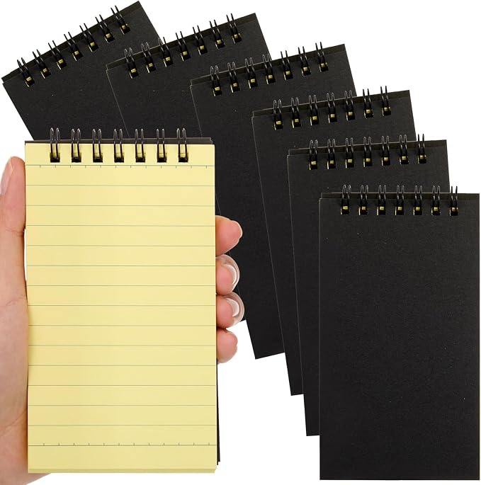 Tenceur 6 Pcs Pocket Notebook Small 3x5 Inch Black Cover Yellow Page Top Spiral Notepads Bound Notebook with Lined 120 Pages Mini Memo Pads for Office College Nurse Essentials Back to School Gift