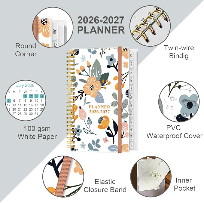 2026-2027 Pocket Planner/Calendar - 2026-2027 Planner from July 2026 - June 2027, Planner 26-27 with 12 Tabs, Twin-Wire Binding, Inner Pocket, 3.75" x 6.75, Rose Flower
