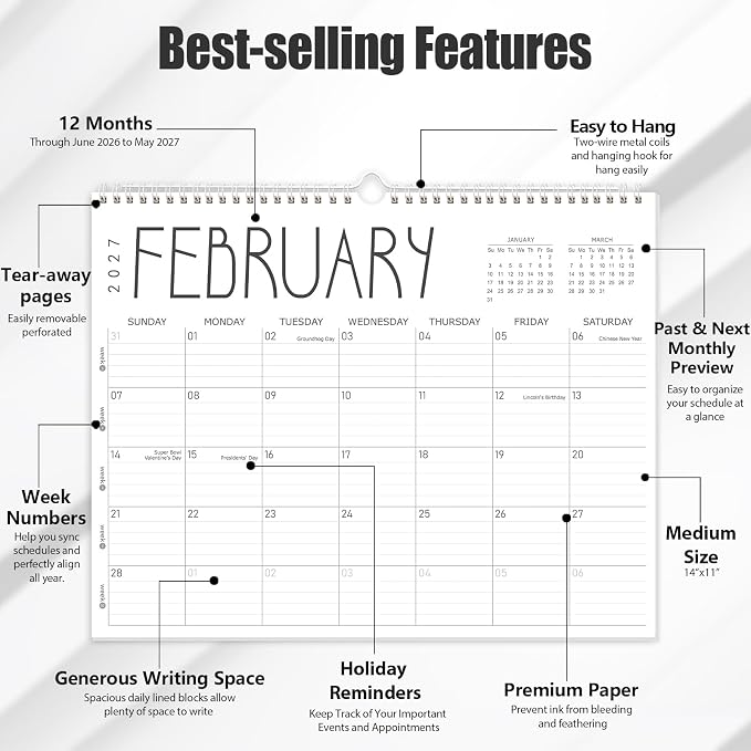 GuassLee Wall Calendar 2026, 2026-2027 Calendar Wall from Jun. 2026 to May 2027, 14" X 11" Paper Monthly Planner Wall Hanging Calendar with Thick Paper for Office Home Planning & Organizing