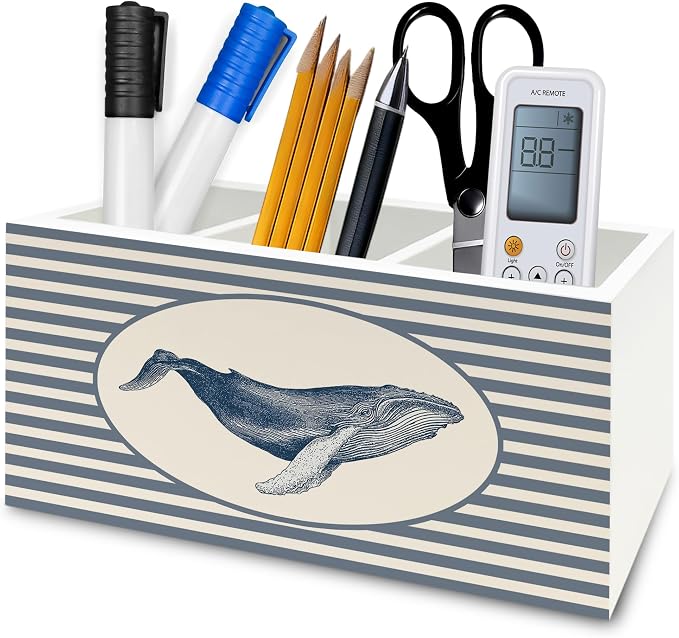 Coastal Beach Whale Pen Pencil Holder Organizer for Desk, Beach Office Decor, Blue Striped Marine Biology Ocean Wooden Box Signs Decorations for Home Office Desk Tabletop, Whale Gifts