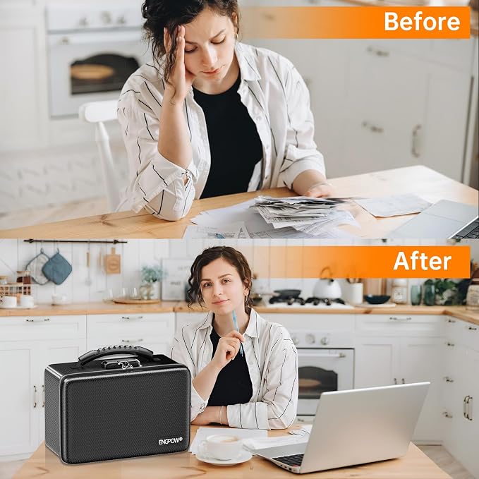 ENGPOW Fireproof Money Box with Lock & Heat-Resistant Fireproof Zipper | 6400°F 12-Layer Fire Protection,Small Hard Case with Multi-Pocket,Portable Home Chest Safe Storage for Money, Jewelry, Black