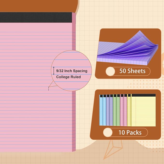 Legal Pads 8.5 X11, Narrow Ruled Notepads, 10 Pack, 50 Sheet/Pad | Colored Legal Pads, Tear Off Notepad, Perforated Writing Pad, Notebook Paper College Ruled, Notepads For Office Home School