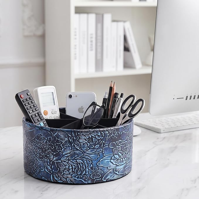 Remote Control Holder, 360°Spinning PU Leather Desk TV Remote Caddy,Desk Storage Box Room Accessories for Controller, Media,Mail,Calculator, Mobile Phone,Pencil(1B-Rich Flower Blue)