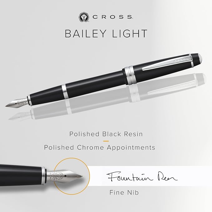 Cross Bailey Light Polished Black Resin Fine Nib Fountain Pen - Professional Pen for Effortless Writing - Journaling, Note-Taking & More - Black Ink - Easy Handling - Includes Gift Box