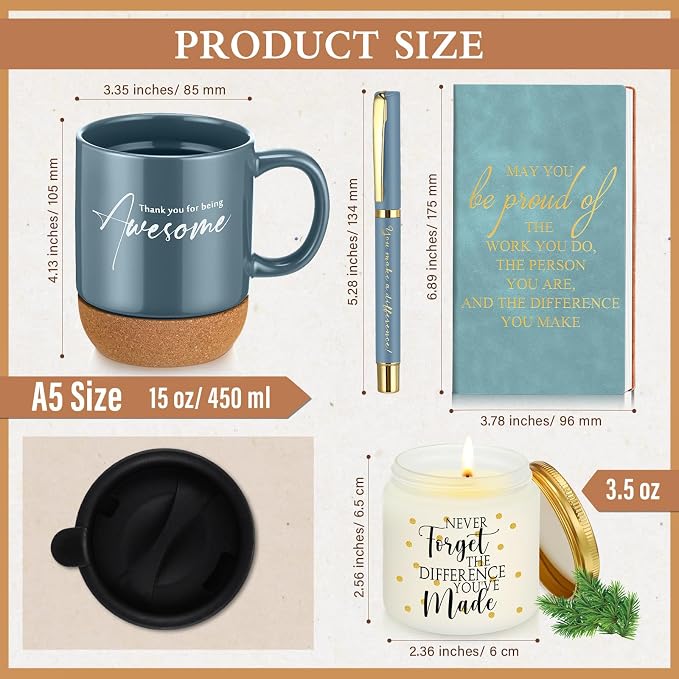 Sayglossy 4 Pcs Thank You Gifts Set for Men Back to School Teacher Appreciation Gift Leather Notebook Inspirational Coffee Mug Scented Candle Ballpoint Pen for Male Employee Coworker Nurse Boss, Blue