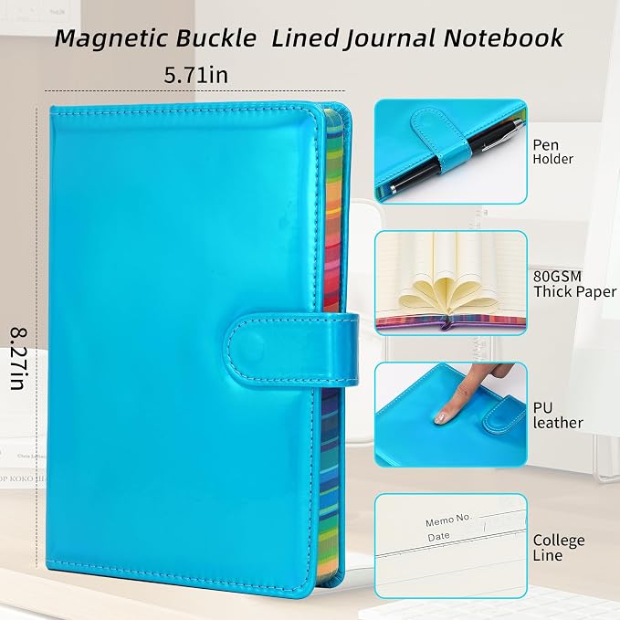 Magnetic Closure Buckle Journal Notebook 360 Pages Macaron Colors Thick Lined Notebooks 5.9x8.3 Soft Leather Journals Magnetic Diary Writing Supplies Work Note Taking Diary(Macaron Blue)