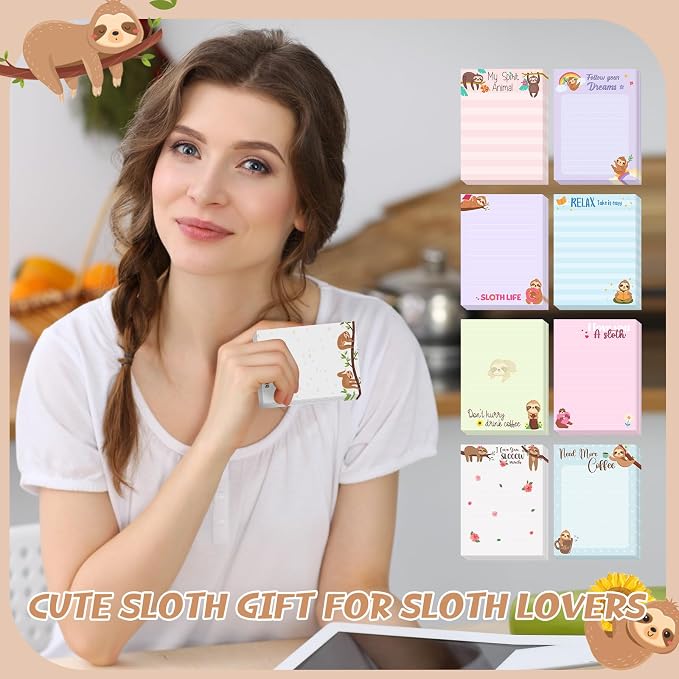 Chiisong 12 Pieces Sloth Sticky Notes 3x4 Inch Cute Cartoon Sloth Gifts Memo Notes for Animal Lovers Women Animal to Do List for Office Friends Lazy Day Holidays Gifts