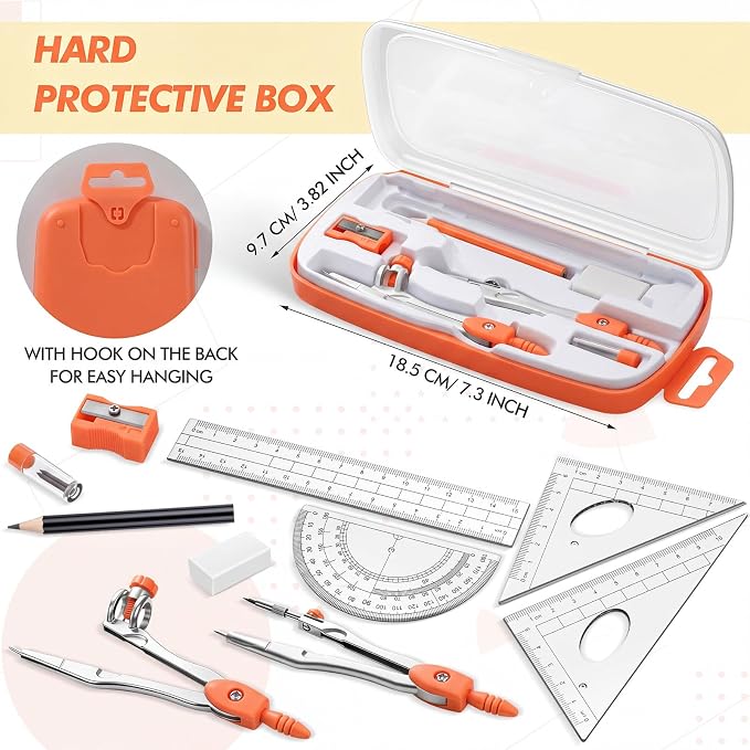 Zonon Math Geometry Set for Students 10 Pcs Compass Geometry Tools Kit Includes Protractor Compass Lead Refills Rulers Pencil Sharpener Eraser Pencil Storage Box for Drafting and Drawings(Orange)