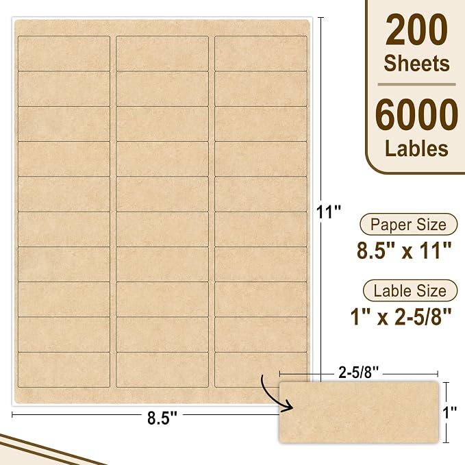 NATURALABEL 200 Sheets Printable Kraft Address Labels for Laser & Inkjet Printers, 1" x 2-5/8" - 30 per Page, Self-Adhesive Mailing Labels, Matte