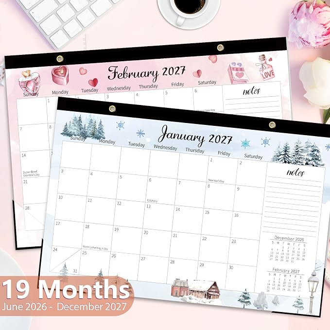 GuassLee Monthly Desk Calendar 2026-2027 - 19 Months 17" x 11.5" Calendar from Jun. 2026 to Dec. 2027, Monthly Planner with Watercolor Design Corner Protectors for Office School Home Organizing