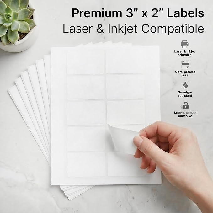 3" X 2" Matte White Printable Shipping Labels (500 Sheets, 5000 Stickers) Mailing and Address Labels, Product Packaging Stickers for Laser & Inkjet Printers - Spartan Industrial Template R011