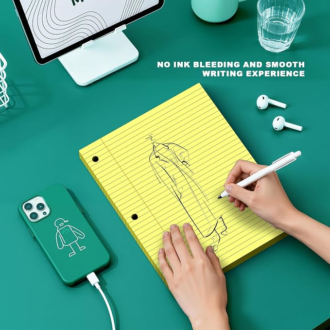 Yellow Note Pads 8 X 10.5 Loose Leaf Paper, 120Sheets, 3 Hole Punched Lined Paper, College Ruled 8 X 10.5 Notebooks, 10-1/2" X 8 Binder Writing Pads, Filler Paper for Office, School Supplies