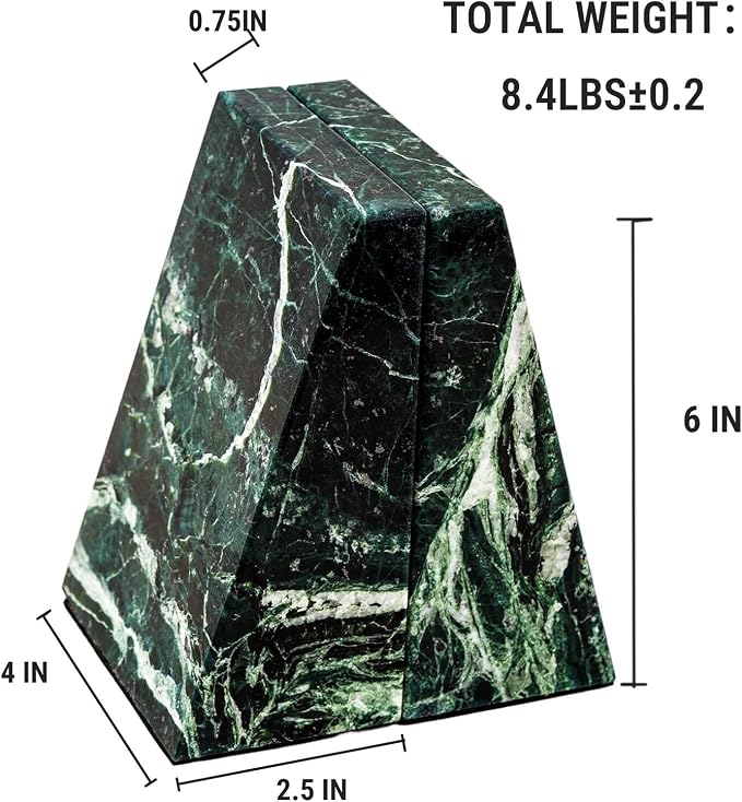 Natural Marble Bookends for Shelves,Office bookends for Heavy Books. Unique Brown Book Ends, Set of 2,Heavy Duty (Green)
