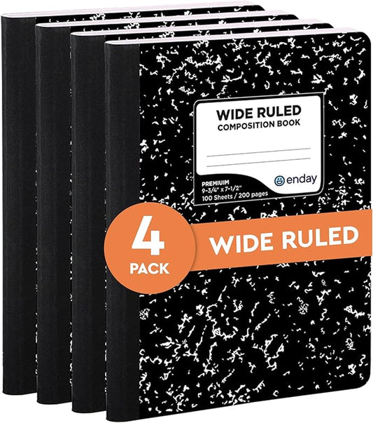 Enday Marble Composition Notebook Wide Ruled (4 Pack) 100 Sheets | Black Composition Notebook For Back to School, Home and Office