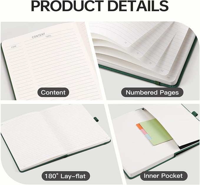 EMSHOI Lined Journal Notebook, 192 Numbered Pages, A5 Size (5.7'' x 8.3'') | Leather Hardcover, 100 GSM Thick Paper, for Women & Men, Journaling, Writing, Work & Office, Sun Debossed (Dark green)