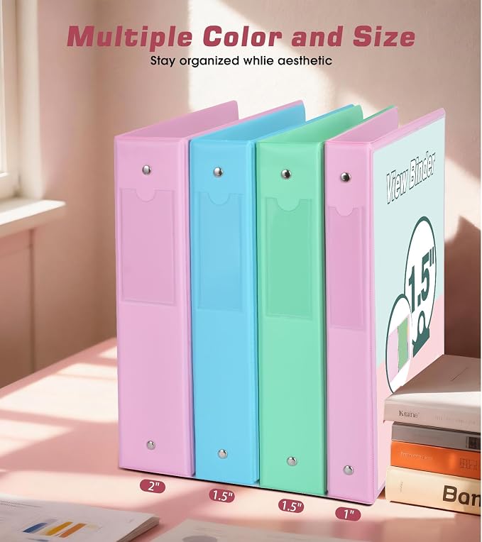 3 Ring Binder 1.5 inch，Cute Binder Organizer with 5 Tab Dividers Fits 175 Sheets of 8.5x11 Paper, Customizable Clear Cover with Inside Pockets, Aesthetic 1.5" Three Ring Binders for School Office，Pink