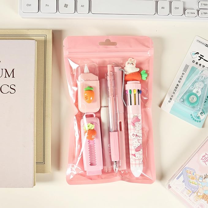 MOZXIRZ 6 Pcs Cute Rabbit Carrot Stationery Set for Women Back to School Supplies Office Supplies Including Gel Ink Pens Ballpoint Pens Pencil Eraser (Carrot)