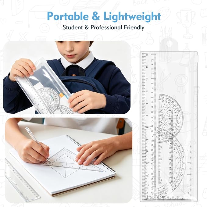6 Piece Geometry Set, Professional Drafting Tools | 12″/6″ Clear Rulers, 2 Triangle Rulers, 2 Protractor for School, Office, Engineering & Art Drawing