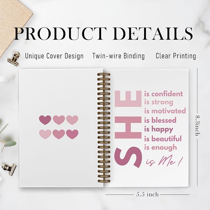 She Is Me Inspirational Spiral Notebook for women, Positive Affirmations Journal Notebook, Pink Self Love Notebooks for School Work, Motivational Office Supplies Gifts for Girls, 5.5x8.3 Inch