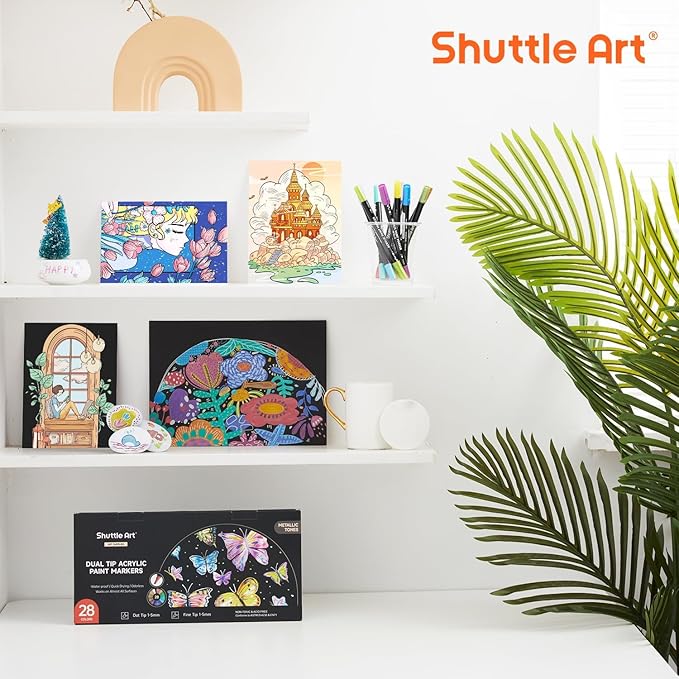 Shuttle Art 28 Metallic Colors Dual Tip Acrylic Paint Markers, Dot Tip and Fine Tip Acrylic Paint Pens for Rock, Ceramic, Wood, Canvas, Plastic, Glass, Stone, Calligraphy, Card, DIY Football Crafts