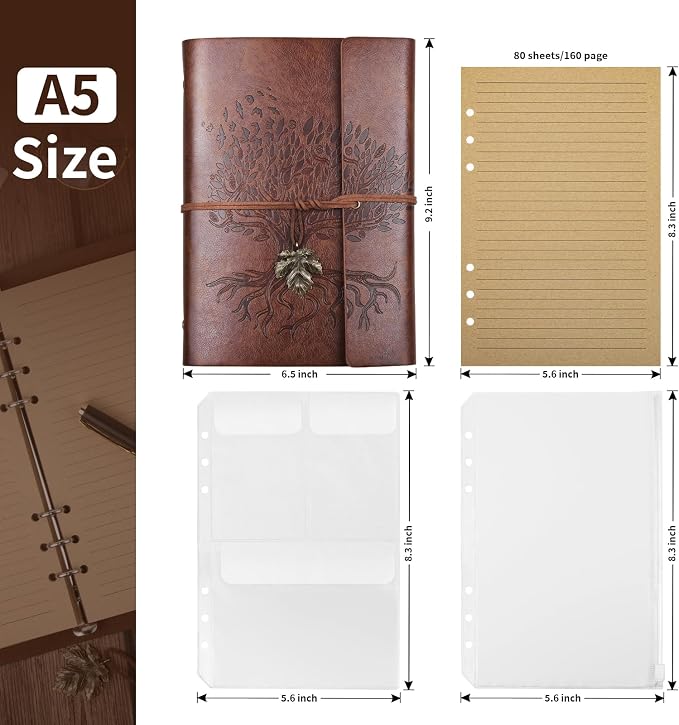 Billtigif Leather Journal Notebook, Refillable Travelers Notebook with Transparent Bag, 160 Pages, 6.5" x 9.2" Vintage Journal, Graduation Gifts for Women and Men (Brown, A5)