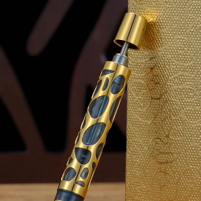 Asvine V169 Vacuum Filling Fountain Pen Fine Nib, Water Drop Skeleton Gold Trim Transparent Gray Blue Acrylic Pen Case Set