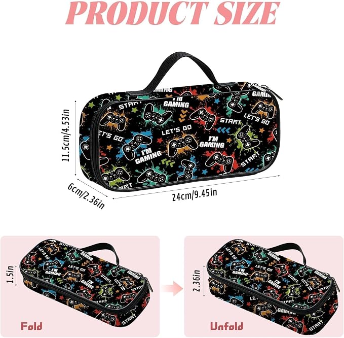 Game Pencil Case for Boys, Large Capacity Game Controller Kids Pencil Box with Zipper Compartments, Gamer Portable Pen Pouch Bag for Office School Travel