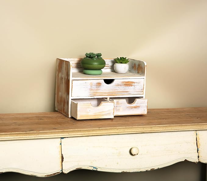 Vintage Rustic Brown Wooden 3 Drawer with Shelf Office Desk Organizer & Mail Rack For Desktop,Box for Office Home Toiletries Supplies Vanity, No Assembly Required (Rusitc White)