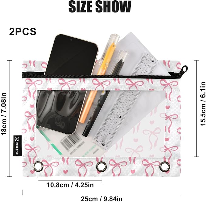 Gredecor 3 Ring Binder Pencil Pouch, Romantic Pink Bows Hearts Zippered Pen Case Pouches with Clear Window, 2 Pack Stylish Office & School Supplie