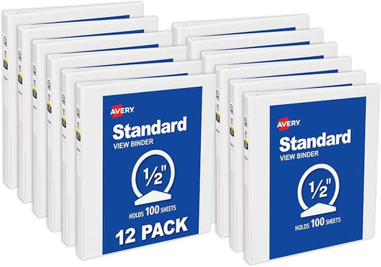 Avery Standard View 3 Ring Binders, 0.5" Round Rings, 100-Sheet Capacity, 0.7 Inch Wide Spine, White Binders, Ideal for Lightweight Organization and Occasional Referencing (12-Pack of 05706)