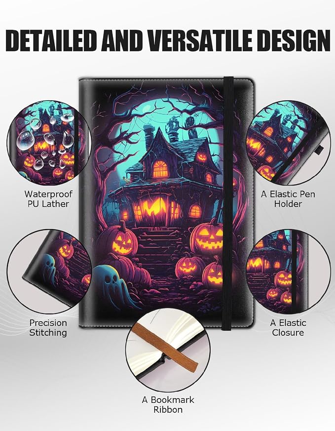 Hardcover Executive Notebooks, A5 PU Leather Lined Journal Notebook, 200 Pages Thick Paper Subject Notebooks for School,Work,Home Writing Business Notebook, Diary Book ，Halloween Pumpkin Cabin